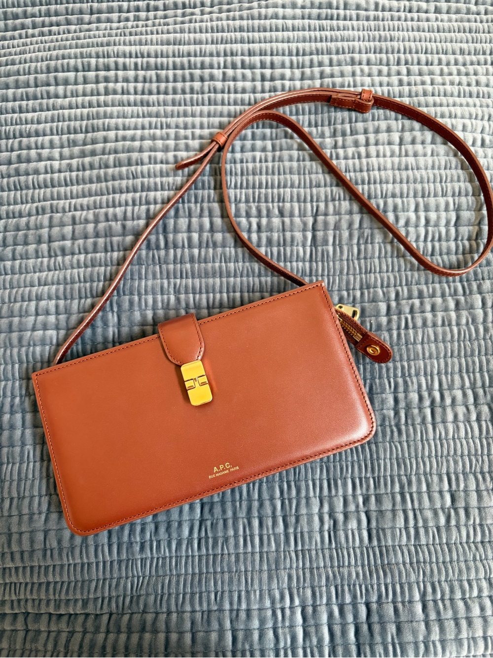 A.P.C. Chestnut Brown Leather Shoulder Wallet with Gold Hardware